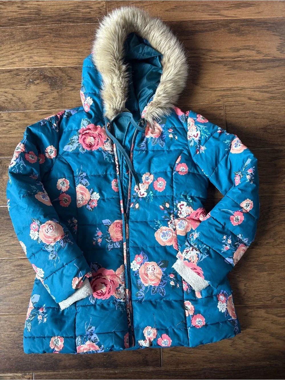 Matching mommy and me set!!!! Matilda Jane Teal Floral Hooded Puffers!